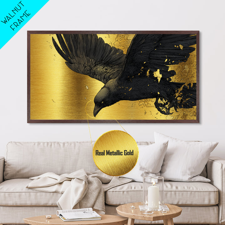 Odin’s Raven Huginn Metallic Gold Art Metal Art Norse Mythology Wall Decor with Natural Wood Frame, Man Cave or Office Gift