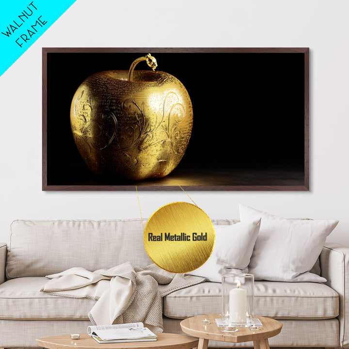 Golden Apple of Idunn Metallic Gold Art, Norse Mythology Metal Art, Viking Wall Decor with real wood frame, unique man cave gift