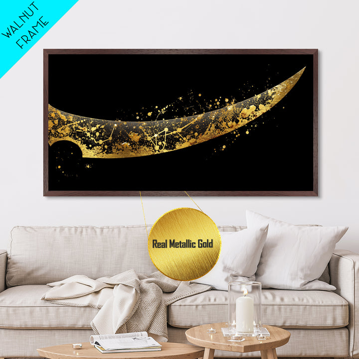 Curved Viking Blade Metallic Gold Art, Nordic Mythology Metal Art Sword Print, Man Cave Wall Decor with real wood frame, warrior gift