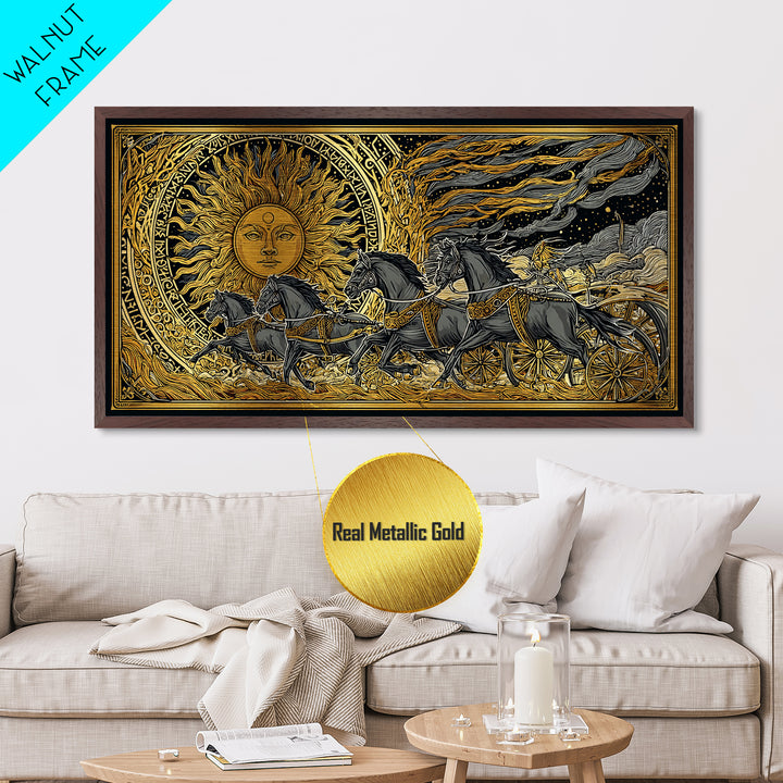 Sun Chariot of Sol Metallic Gold Art, Norse Mythology Metal Art Wall Hanging, Viking Decor for Dad Gift, framed in authentic wood