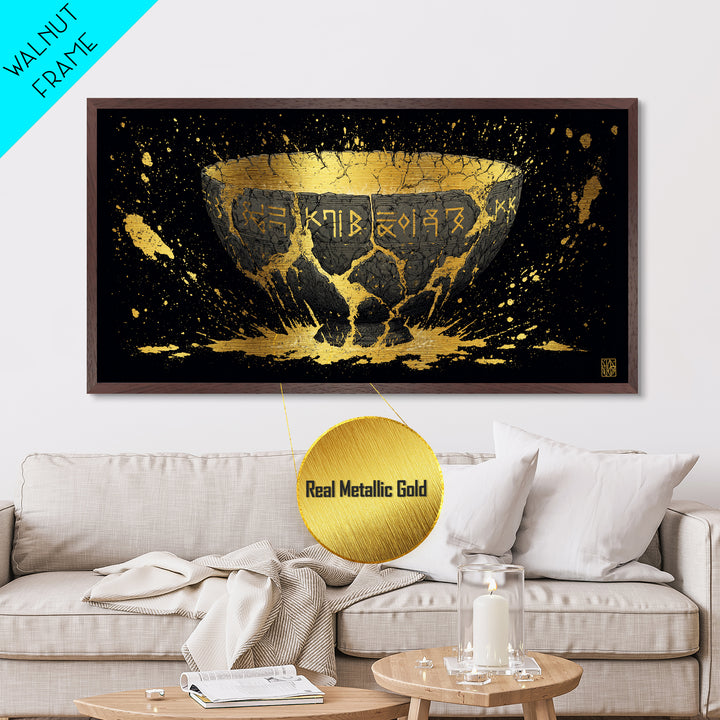 Viking Rune Bowl Metallic Gold Art, Nordic Mythology Metal Art with Real Wood Frame, Unique Office Wall Decor, Man Cave Gift