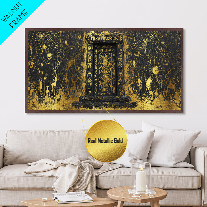 Runestone Doorway Metallic Gold Art, Nordic Mythology Inspired Metal Art, Pagan Viking Office Decor Framed in Real Wood