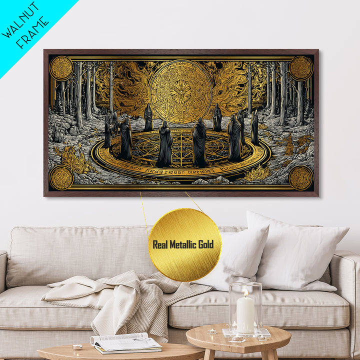 Nordic Ritual Circle Metallic Gold Art, Mythology Inspired Metal Art, Mystical Office Wall Decor with Real Wood Framing