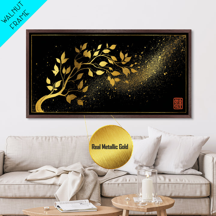 Yggdrasil Tree Metallic Gold Art, Nordic Mythology Inspired Metal Art with Natural Wood Frame, Pagan Office Decor, Man Gift