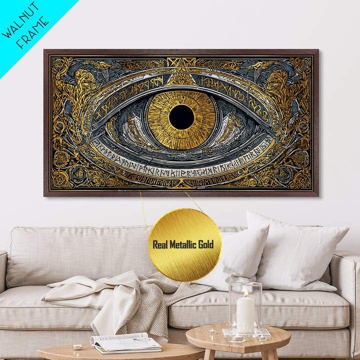 Odin’s Eye Metallic Gold Art Nordic Metal Art Norse Mythology Wall Decor framed in natural wood, Man Cave Gift, Office Art
