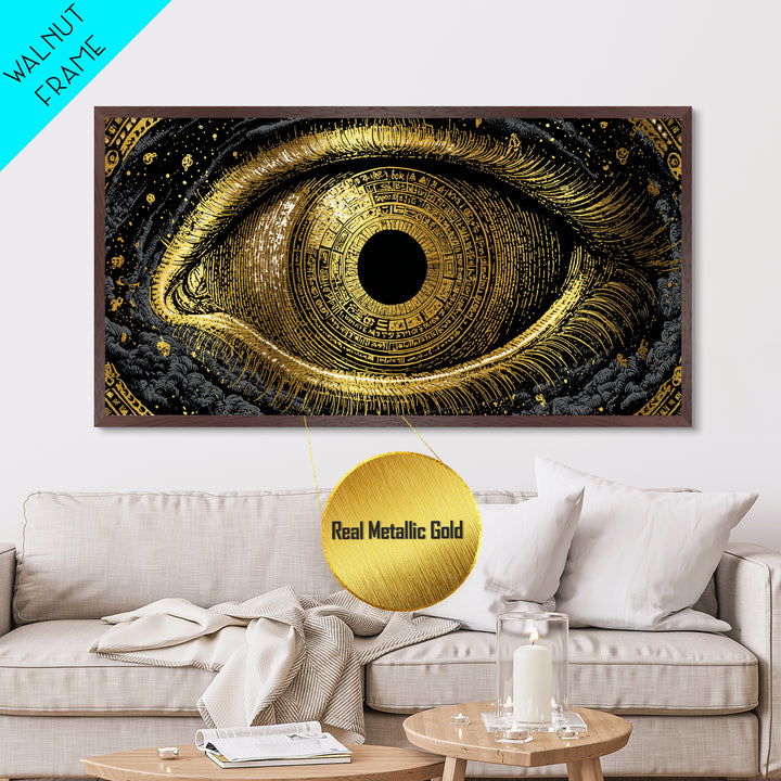 Mystic Rune Eye Metallic Gold Art Norse Metal Art Nordic Wall Hanging with real wood frame, Viking Decor, Dad Gift for Office