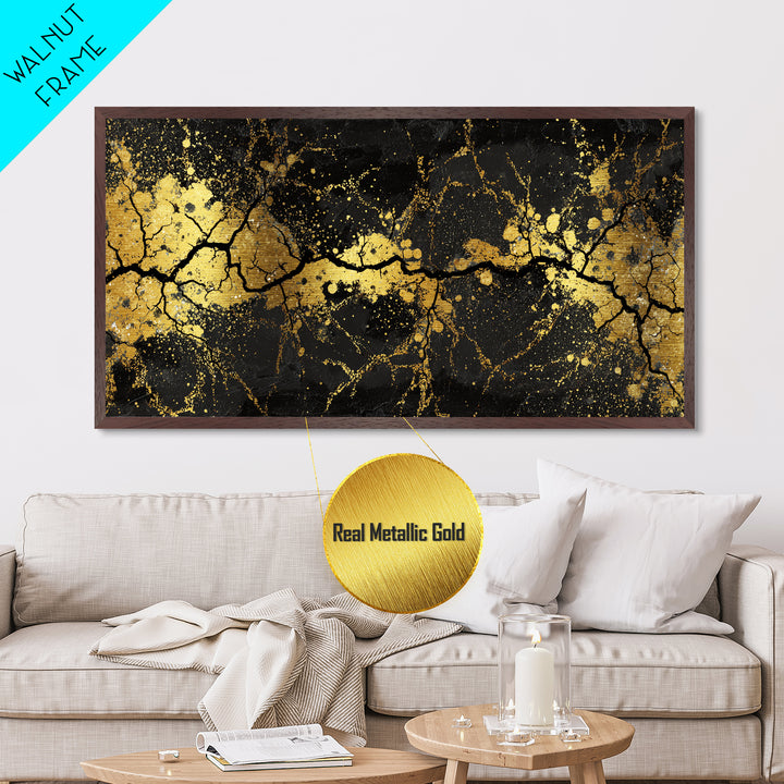 Cracked Stone Metallic Gold Art Nordic Metal Art Norse Abstract Wall Decor in real wood frame, Man Cave Gift, Office Accent