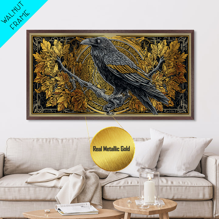 Norse Raven Perched Metallic Gold Art Metal Art with Runes and Autumn Leaves, Framed in Real Wood, Viking Office or Man Cave