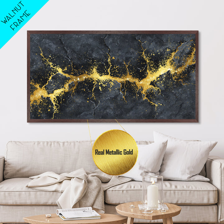 Golden Fracture Metallic Gold Art Nordic Metal Art Norse Abstract Wall Hanging with natural wood frame, Office Decor, Dad Gift