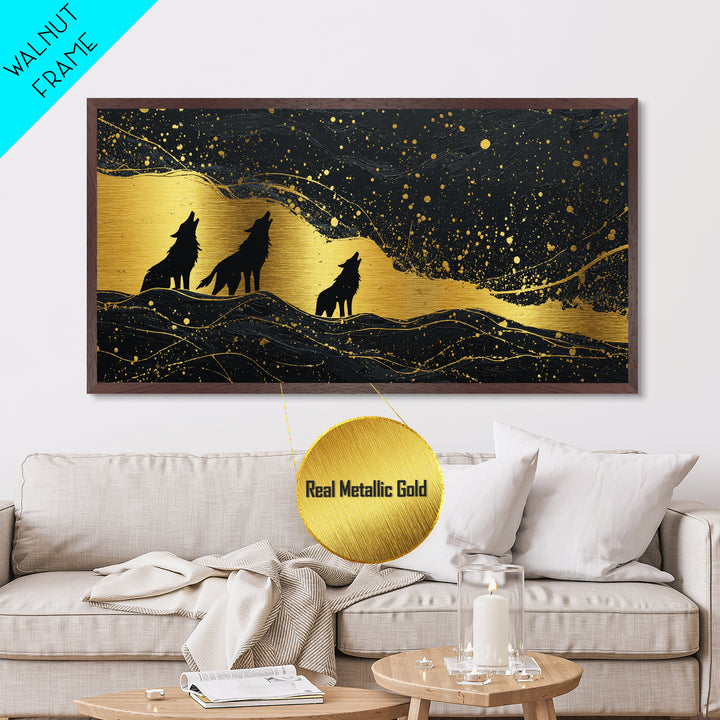 Howling Wolves Metallic Gold Art Norse Metal Art Nordic Mythology Wall Decor with real wood frame, Man Cave Accent, Office Art
