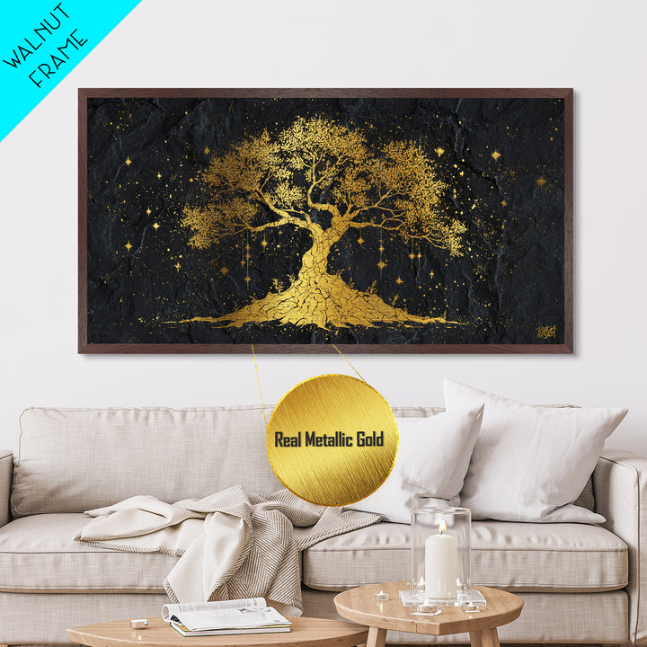 Yggdrasil Metallic Gold Art Metal Art Norse Tree of Life Nordic Mythology Wall Decor Dad Gift Office Art framed with real wood