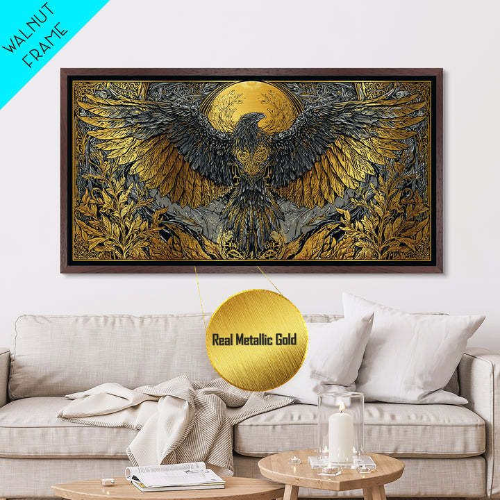 Valkyrie Eagle Metallic Gold Art Metal Art Norse Wall Hanging with Spreading Wings, Natural Wood Frame, Nordic Mythology Gift