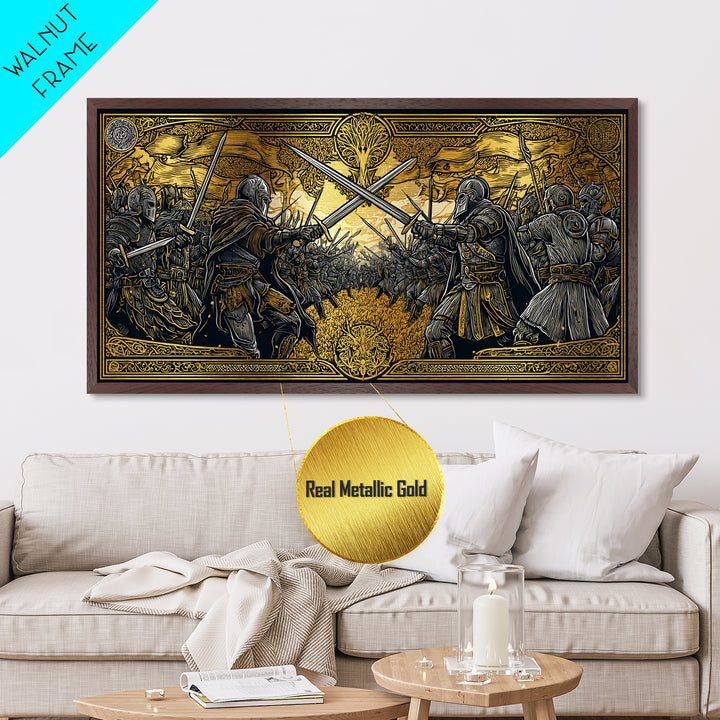 Viking Battle Metallic Gold Art Metal Art Norse Warriors Mythology Wall Decor Office Art Man Cave Gift framed in natural wood