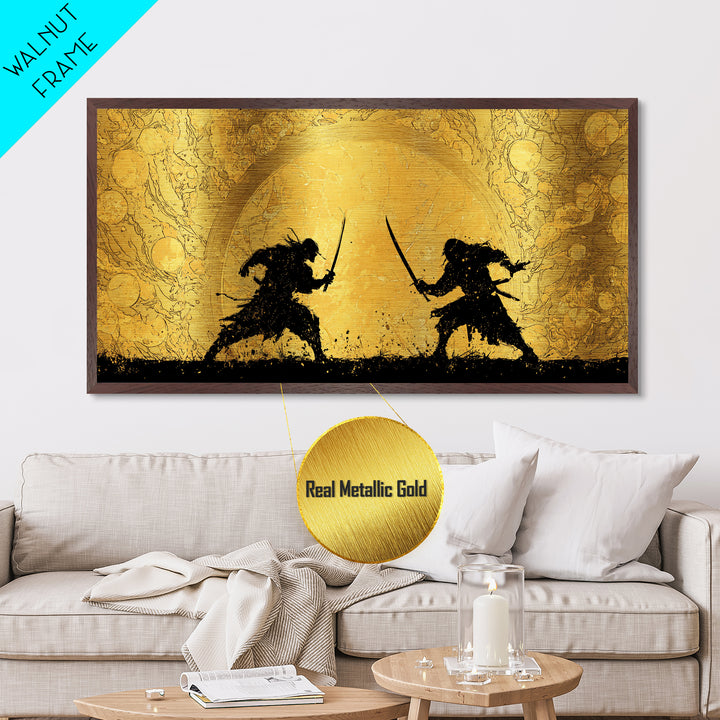 Samurai Duel Metallic Gold Art Metal Art Norse Inspired Epic Warrior Wall Art Man Cave Decor Office Gift framed in real wood