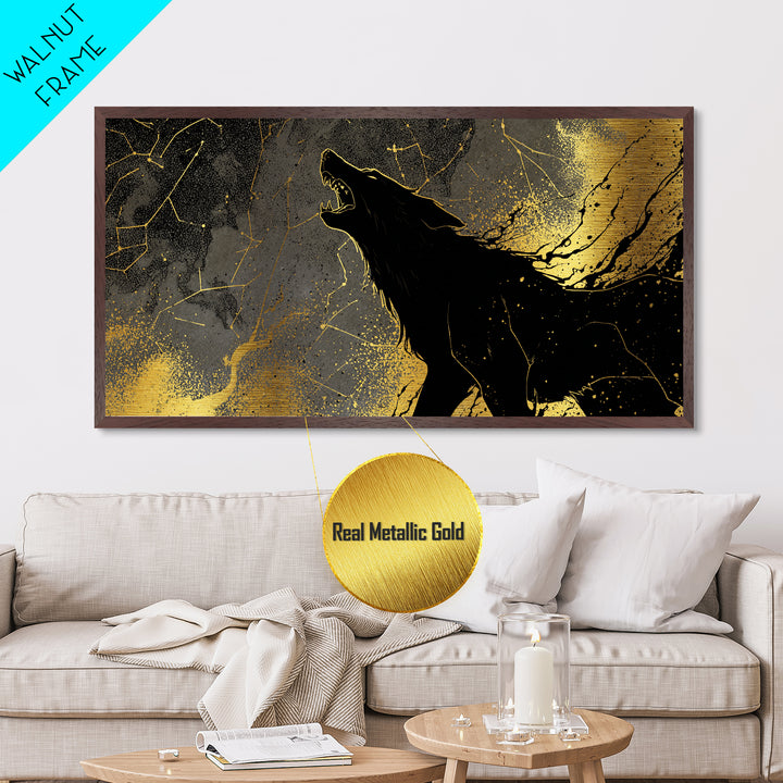 Fenrir Wolf Metallic Gold Art Metal Art Norse Mythology Beast Viking Wall Decor Dad Gift Office Art framed in real wood frame