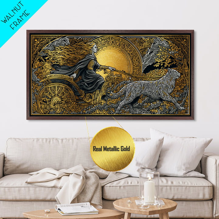 Freyja Metallic Gold Art Metal Art Norse Goddess Viking Mythology Wall Decor Man Cave or Office Art framed in natural wood