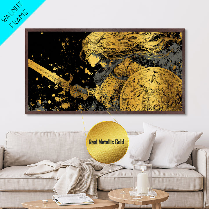 Valkyrie Warrior Metallic Gold Art Metal Art Norse Mythology Female Viking Wall Decor Office Art Man Cave Gift framed in wood