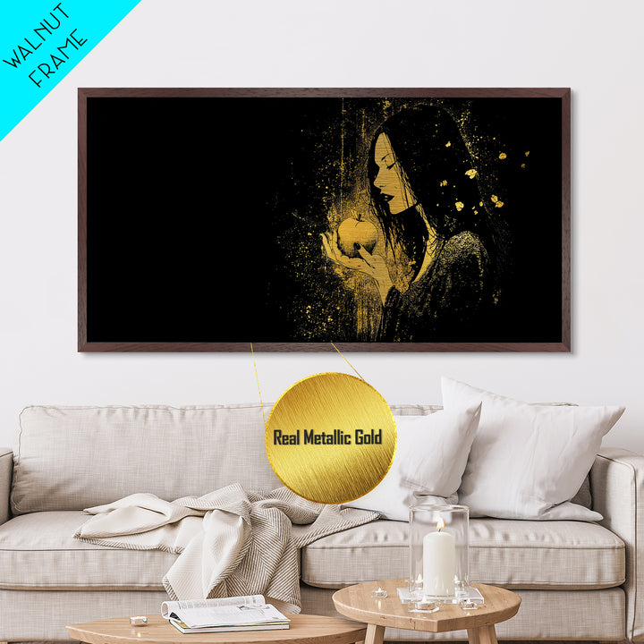 Idunn Norse Goddess with Golden Apple Metallic Gold Art Metal Art Nordic Wall Art for Dad Gift or Office Decor framed in natural wood