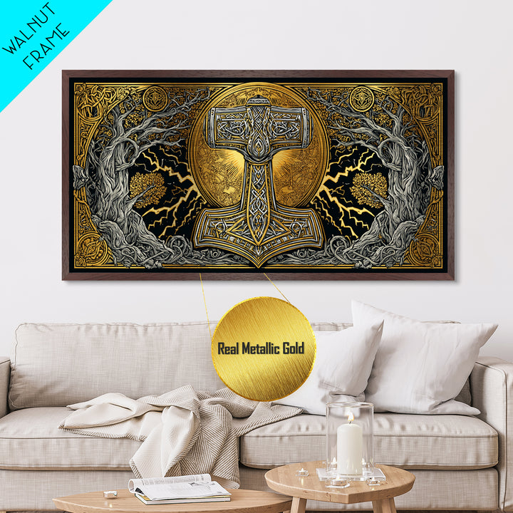 Mjolnir Norse Hammer Metallic Gold Art Metal Art Viking Symbol Wall Art for Man Cave Office or Dad Gift in handcrafted real wood frame