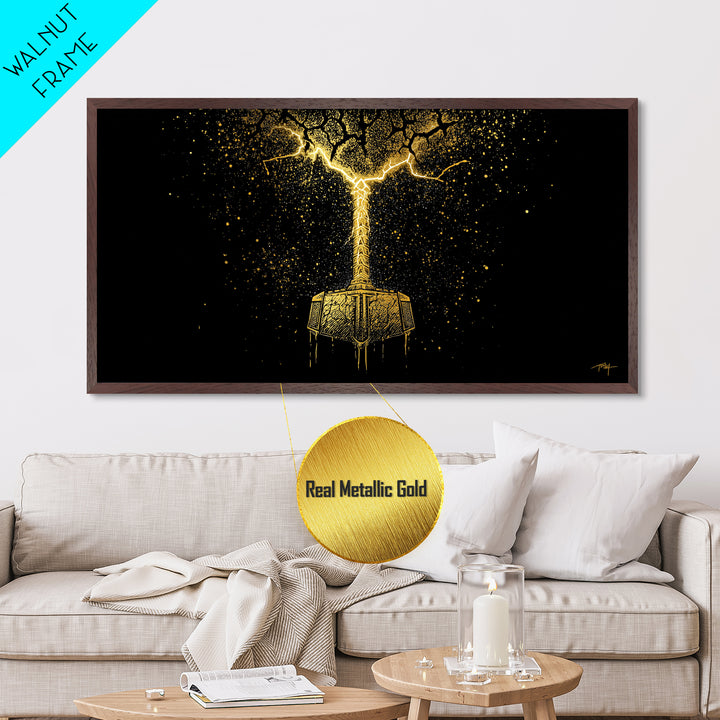 Thor’s Mjolnir Hammer Metallic Gold Art Metal Art Nordic Wall Art Viking Decor Mythology Office Piece framed in premium natural wood