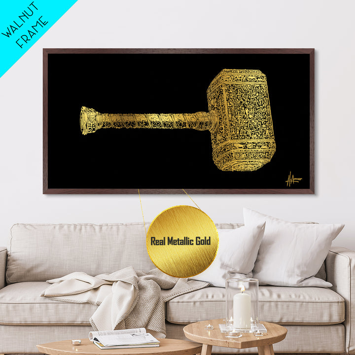 Thor’s Hammer Mjolnir Metallic Gold Art Metal Art Nordic Mythology Wall Hanging Viking Decor Office Art Gift framed in solid natural wood
