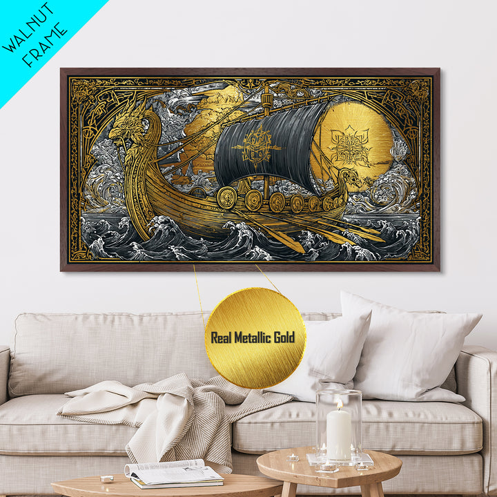 Naglfar Norse Longship Metallic Gold Art Metal Art Viking Ship Wall Decor Nordic Mythology Office or Dad Gift framed with natural wood