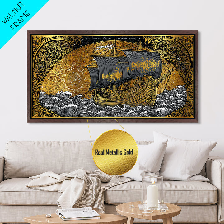 Viking Ship Naglfar Metallic Gold Art Metal Art Nordic Longship Decor Norse Mythology Office Wall Art Man Cave framed in authentic wood