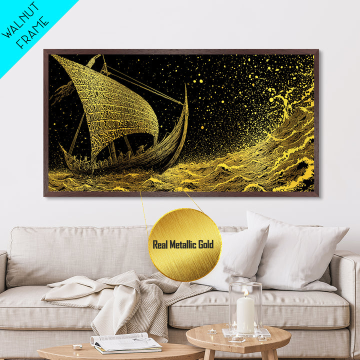 Norse Ship Naglfar Metallic Gold Art Metal Art Viking Longship Wall Hanging Decor for Dad Gift Office Art framed in handcrafted real wood
