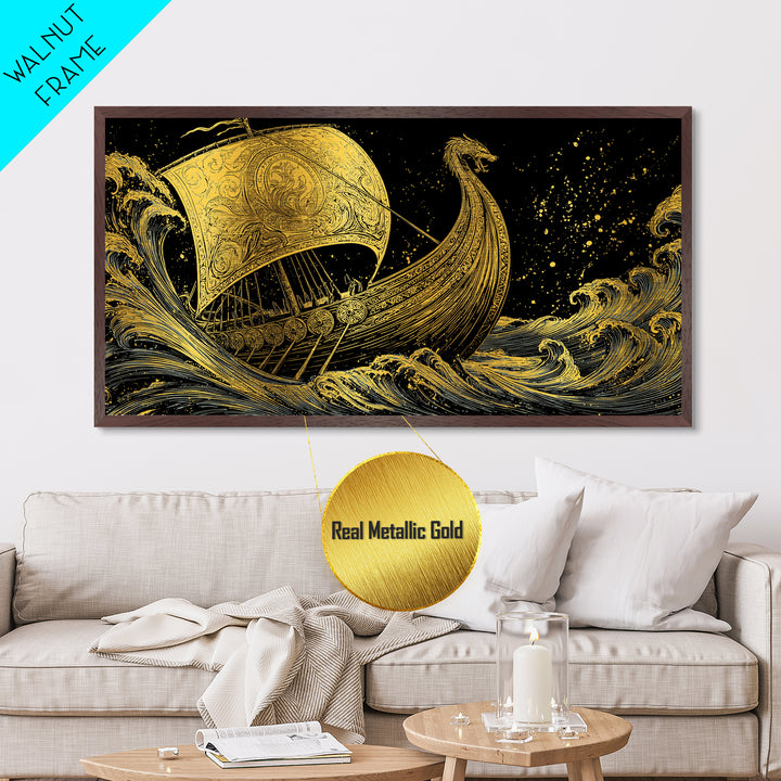 Naglfar Viking Ship Metallic Gold Art Metal Art Norse Mythology Longship Wall Hanging Decor Office Art Man Cave Gift framed in real wood