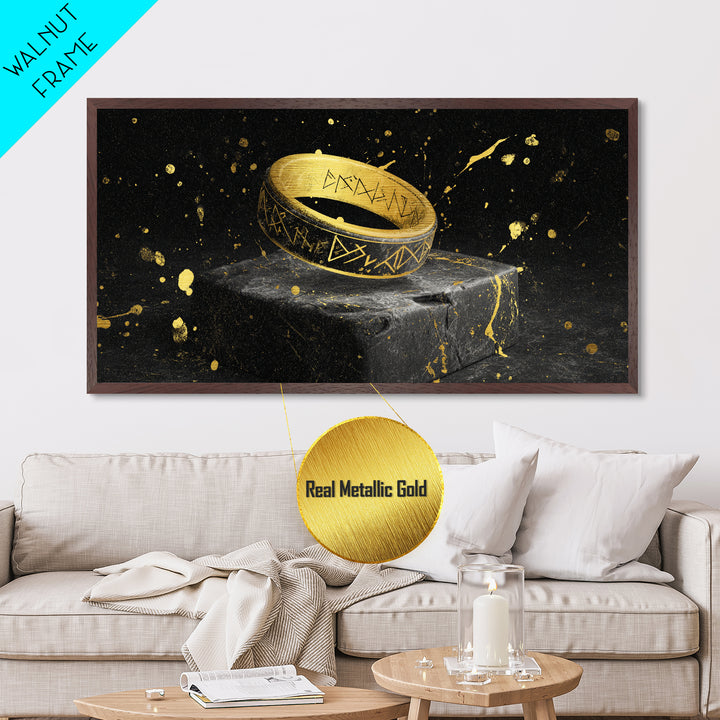 Viking Rune Ring Metallic Gold Art Nordic Symbol Metal Art Norse Jewelry Wall Decor, Office Art or Dad Gift with real wood frame