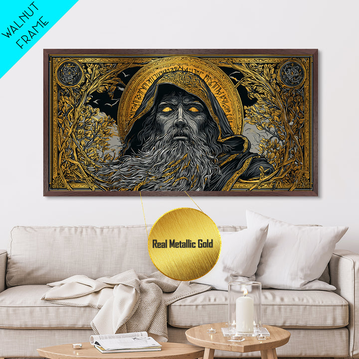 Ragnarok Battle Metallic Gold Art Viking Apocalypse Scene Metal Art, Norse Mythology Man Cave Art with sturdy real wood frame