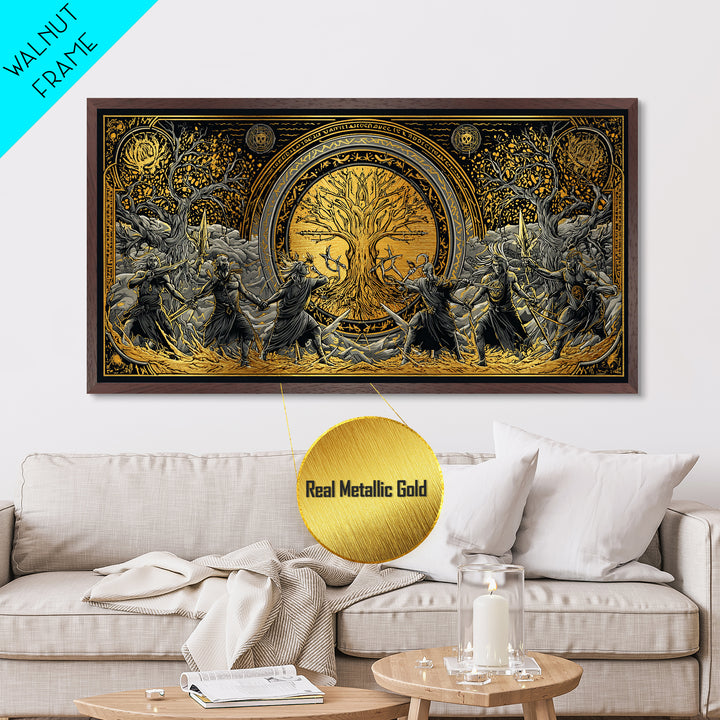 Sköll Wolf Metallic Gold Art Norse Mythology Metal Art, Viking Wolf Devours the Sun Wall Decor in real wood frame for office