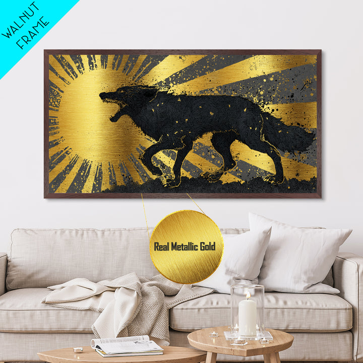 Hati and Sköll Wolves Metallic Gold Art Norse Mythology Metal Art, Viking Sun and Moon Chase Wall Decor framed in real wood