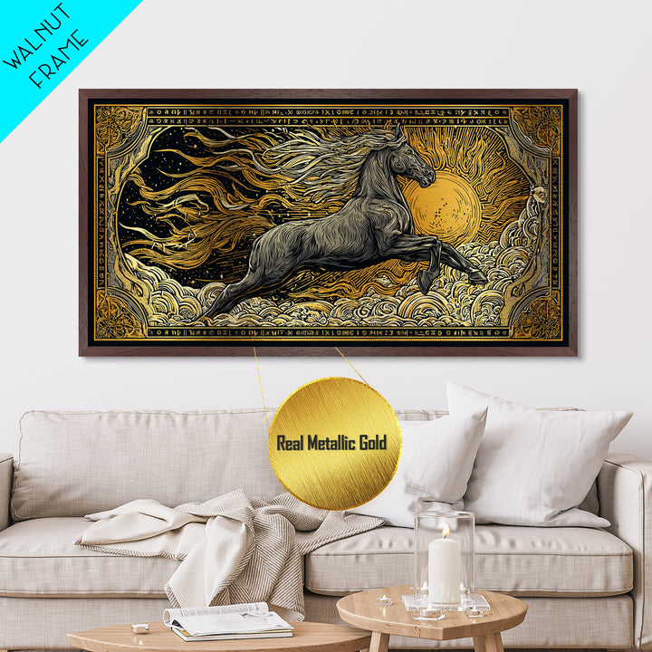 Mythical Sleipnir Metallic Gold Art Wall Decor, Odin’s Eight-Legged Horse Norse Metal Art with real wood frame, Viking Office Art