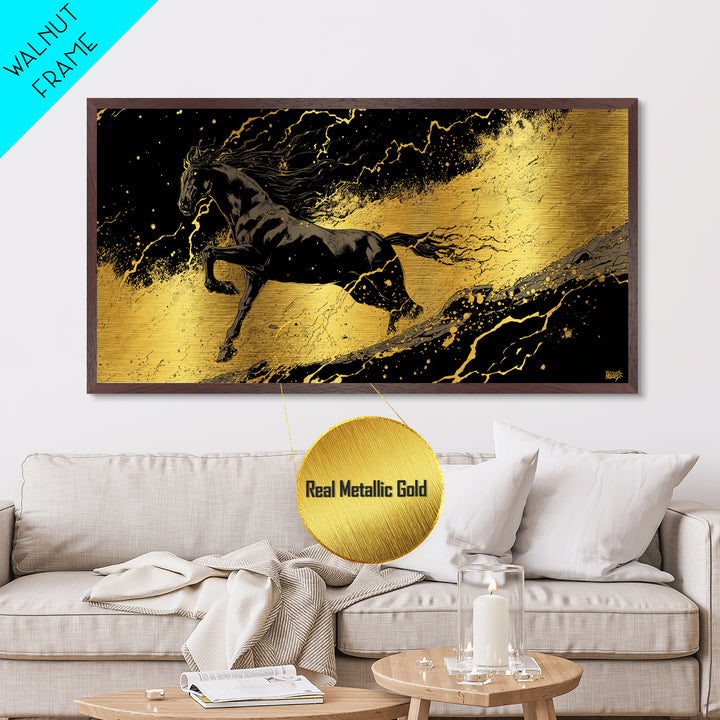 Nordic Sleipnir Horse Metal Art, Metallic Gold Art in Norse Mythology Style, Man Cave Wall Art for Men, framed in authentic wood