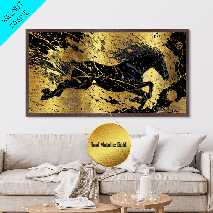 Sleipnir Norse Horse Metallic Gold Art, Nordic Mythology Metal Art for Man Cave or Office, framed in natural wood, unique Dad Gift