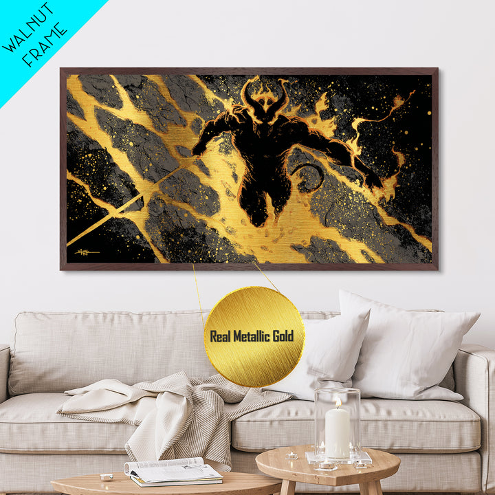 Mythical Surtur with Flaming Sword Metallic Gold Art, Viking Metal Art Norse Decor, Man Cave Office Art, framed in handcrafted wood