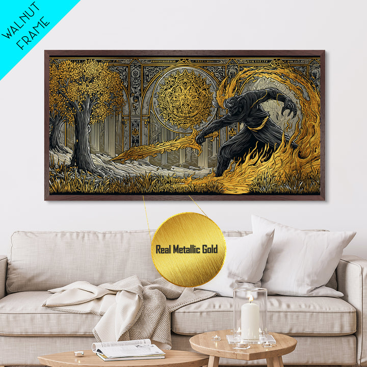 Surtur Norse Fire Giant Metal Art, Nordic Mythology Metallic Gold Art for Office Wall or Man Cave, framed in real wood, bold Dad Gift