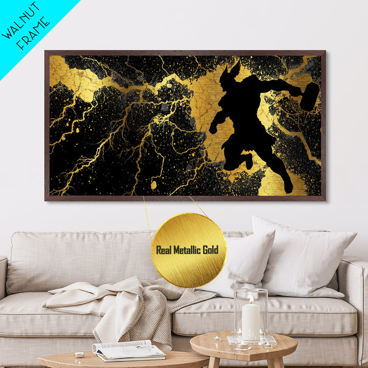 Viking Thor with Mjolnir Metallic Gold Art, Norse Mythology Metal Art Wall Decor for Man Cave or Dad Gift, framed in solid wood