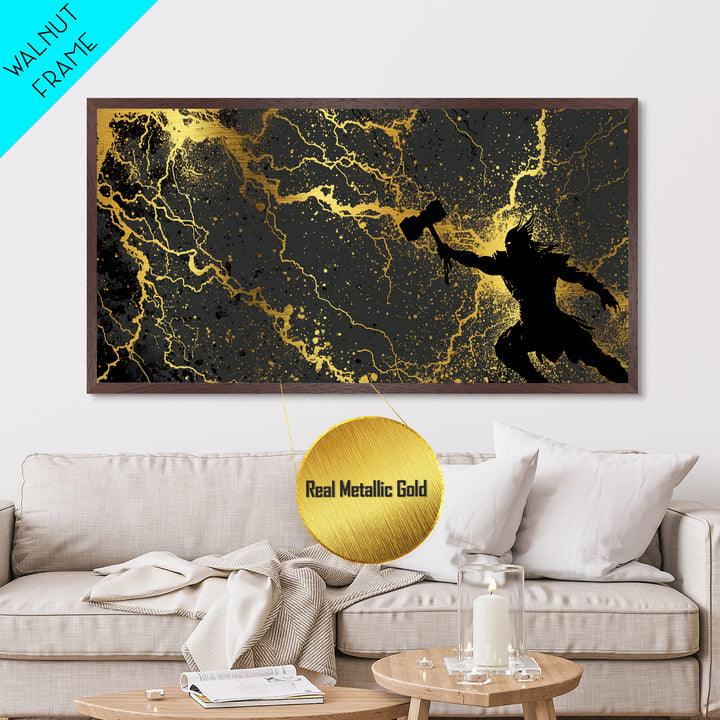 Thor God of Thunder Metal Art, Metallic Gold Art with Lightning, Norse Mythology Wall Decor, Office Art for Men, framed in real wood