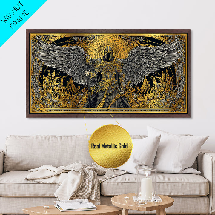 Winged Valkyrie Warrior Metal Art, Metallic Gold Art Norse Decor, Nordic Mythology Office Art for Men, framed with real wood detail