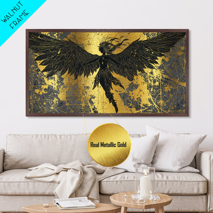 Valkyrie Metallic Gold Art Nordic Metal Art with Real Wood Frame, Norse Mythology Warrior Wall Decor for Office or Man Cave