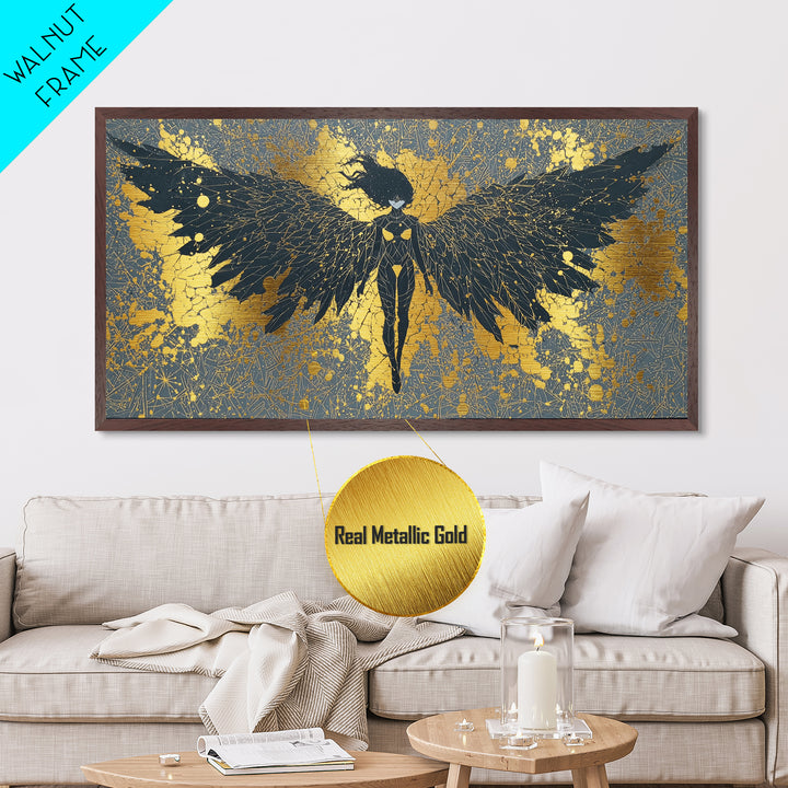 Metal Art Valkyrie Angel Metallic Gold Art, Norse Mythology Wall Hanging framed in Natural Wood, Dad Gift or Office Decor