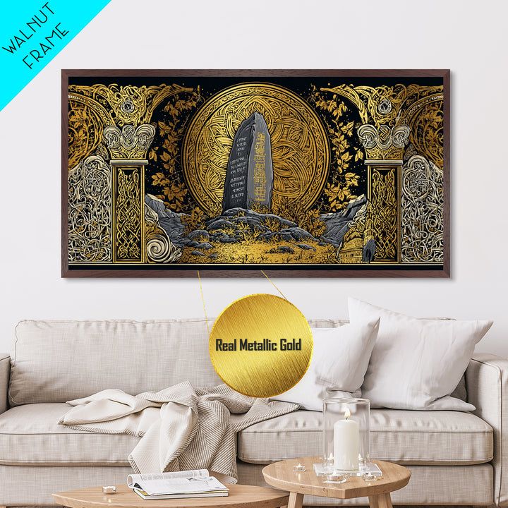 Viking Helmet Metallic Gold Art Metal Art, Norse Warrior Helmet Decor framed in Natural Wood, Nordic Office or Dad Gift Wall Art