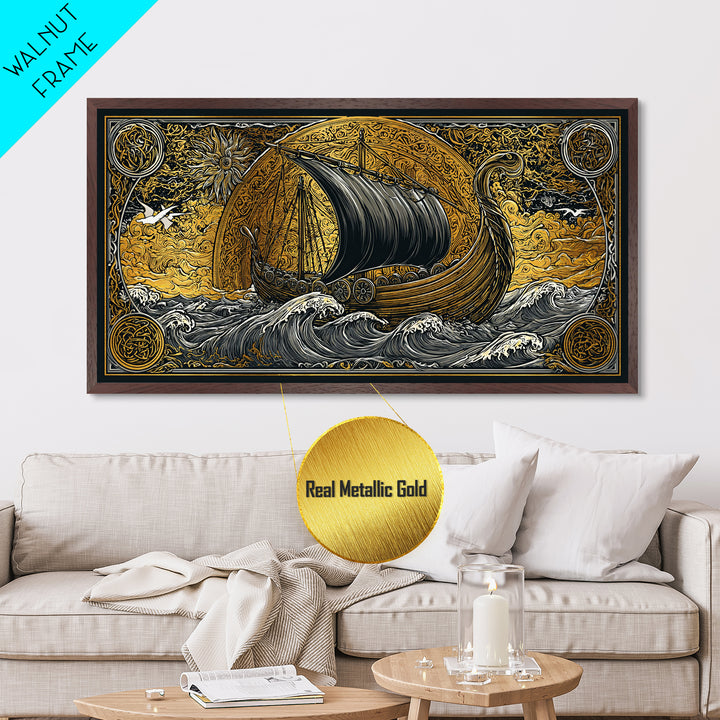 Viking Ship Metallic Gold Art Metal Art, Norse Longboat Sailing Wall Decor with Real Wood Frame, Nordic Mythology Office Artwork