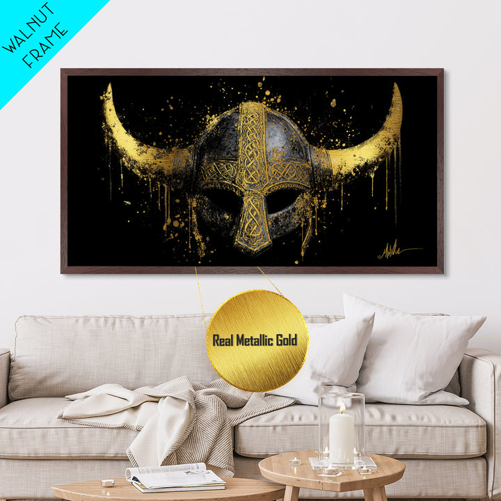 Nordic Valkyrie Metallic Gold Art Metal Art, Norse Goddess Warrior Silhouette with Wings, Man Cave Wall Art in Real Wood Frame