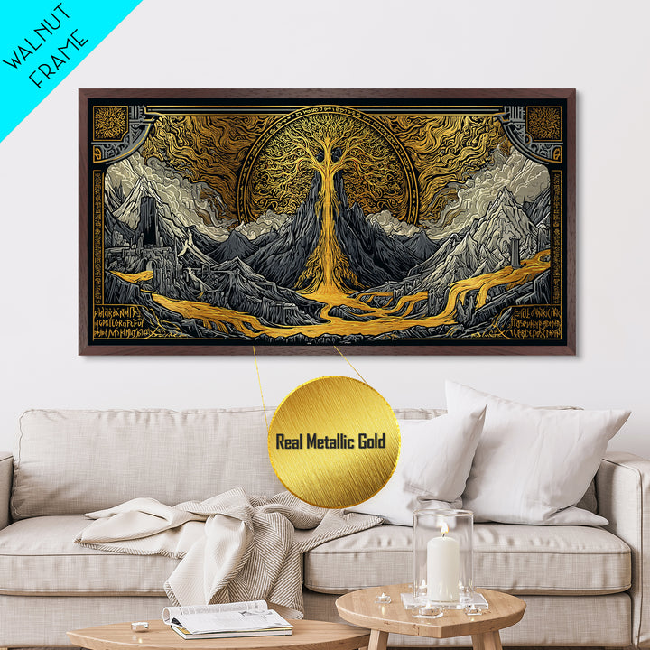 Yggdrasil Metallic Gold Art Metal Art, Norse World Tree of Life Wall Decor framed in Natural Wood, Nordic Mythology Office Artwork