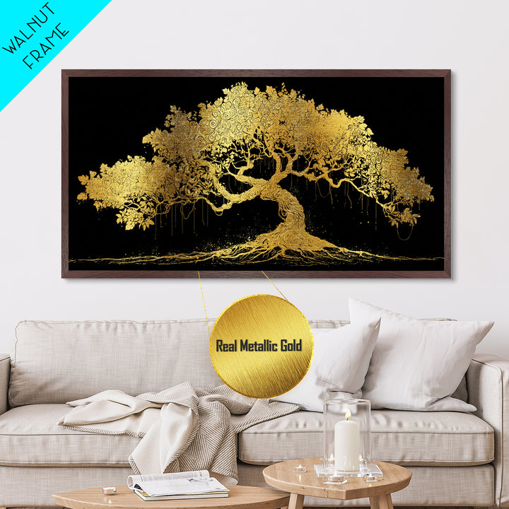 Metal Art Yggdrasil Metallic Gold Art, Norse Tree of Life Wall Hanging with Real Wood Frame, Nordic Mythology Man Cave or Dad Gift