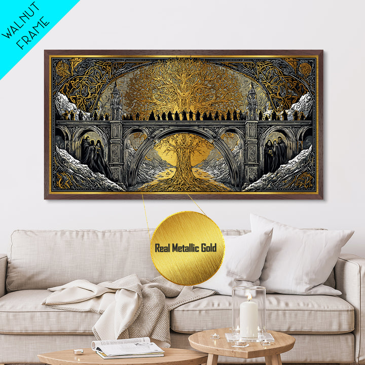 Yggdrasil Bridge Nordic Mythology Wall Decor | Metallic Gold Art Metal Art | Norse Gods Fantasy Scene framed in real wood