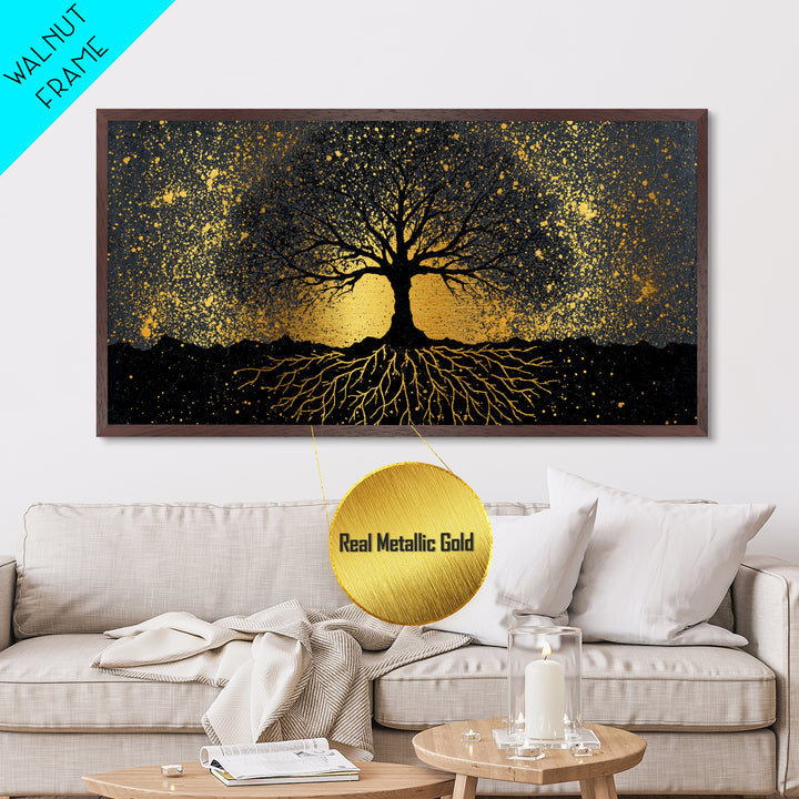 Viking Funeral Metallic Gold Art Metal Art, Norse Longship Silhouette Wall Decor framed in Natural Wood, Nordic Mythology Artwork